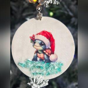 🎄 Santa Turtle Wooden Ornament – Resin Coated 🎄